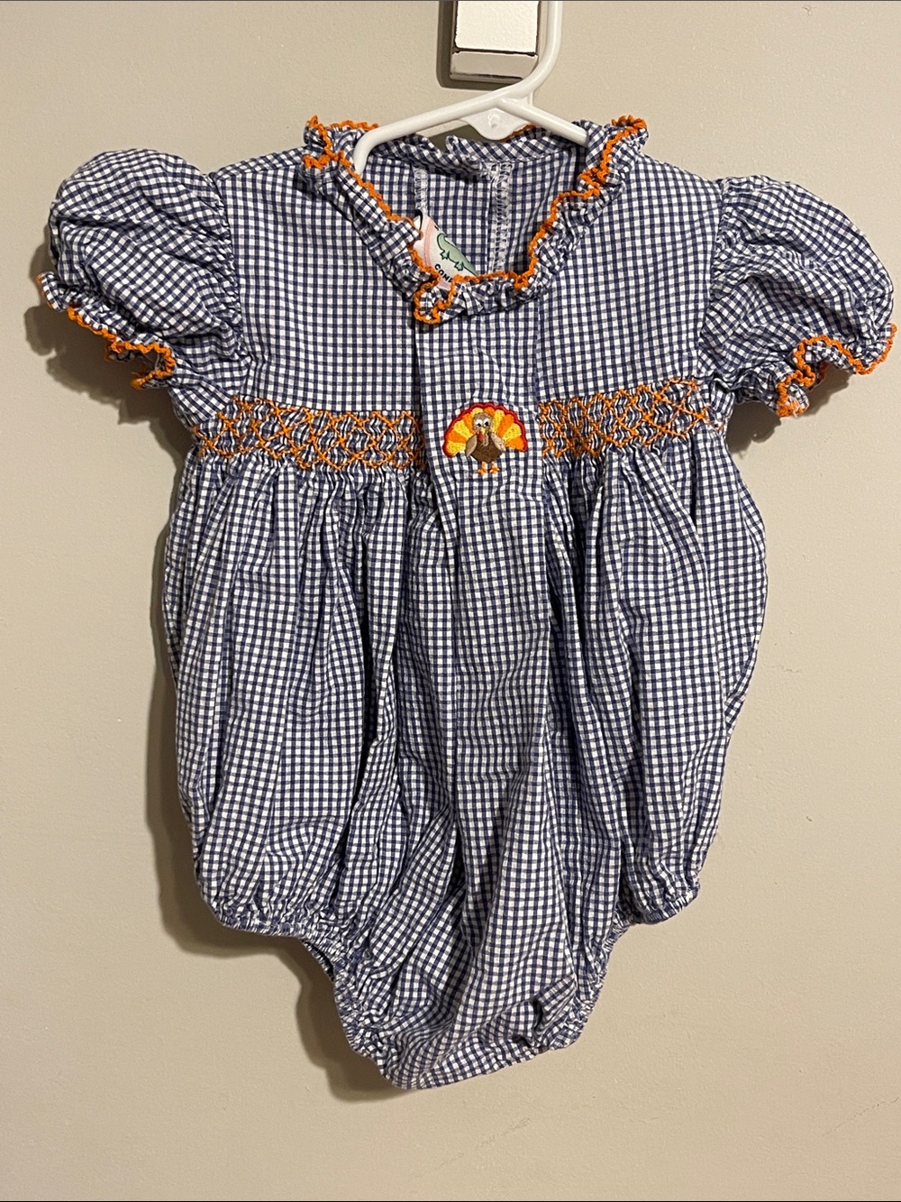 Blue Gingham Smocked Baby Bubble girl 18 month Turkey Thanksgiving